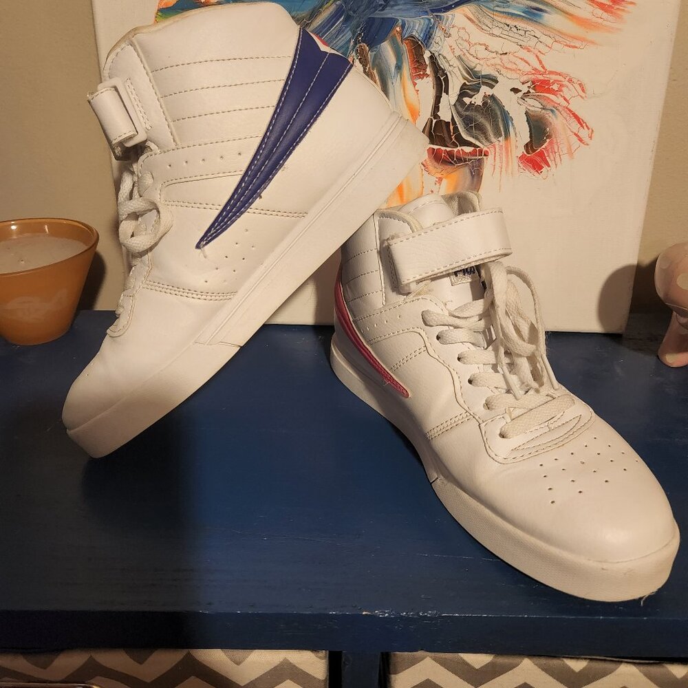 White FILA Vulc lace up high top sneakers with blue|pink swoop Female8.5|Male6.5